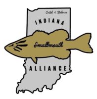 Indiana Smallmouth Alliance logo: a gold smallmouth bass over a gray outline of Indiana with 'Catch & Release' and 'Indiana Alliance' text.