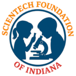 Circular blue seal showing two adults leaning over a baby, enclosed by an orange ring with text along the edge.